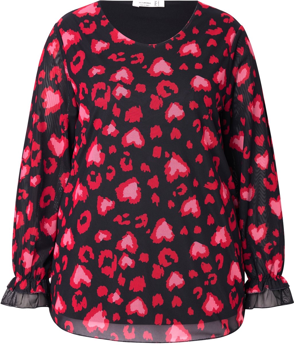 MIAMODA - Dames - Mesh blouse hartjesmotief ondoorzichtige jersey onderlaag - Zwart - Maat 58
