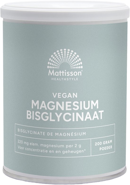 Groenblauw blik Mattisson Vegan Magnesium Bisglycinaat met witte tekst en logo. 200 gram poeder.