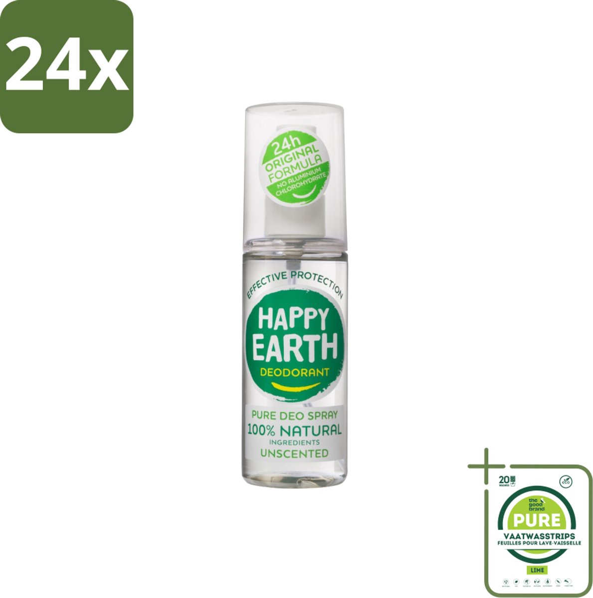 Happy Earth – Deodorant Spray – 100% Natuurlijk Unscented – 100 ml - Voordeelverpakking - 24 stuks - Geurloos deodorant - Hypoallergene deodorant