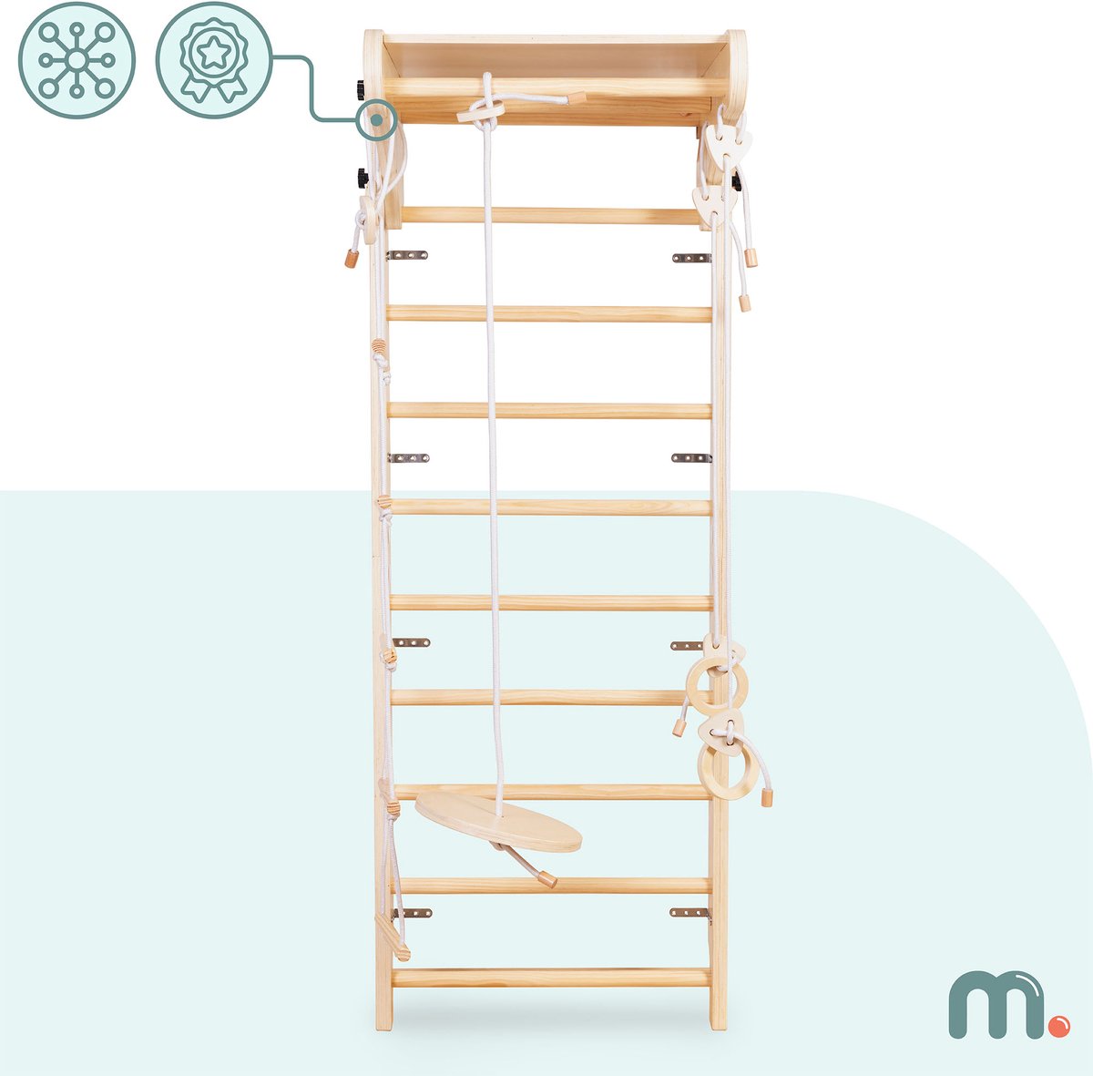 Mamabrum Montessori Houten Klimrek voor Kinderen 3+ Wandgemonteerd Gymrek met Schommel, Gymringen & Klimtouw – Indoor Motoriek Speelgoed — afbeelding 2