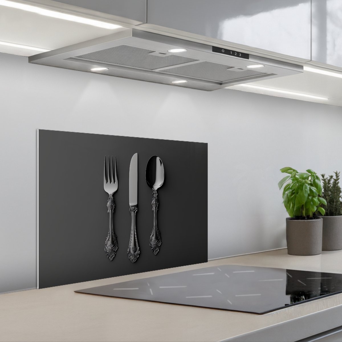 KitchenYeah Spatscherm 60x45 cm Zelfklevende achterwand Bestek Zwart Keuken muurbeschermer Spatwand fornuis
