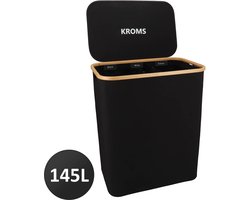 KROMS Wasmand 3 vakken - Zwart - Inclusief NL & ENG Labels - Wassorteerder bamboe - Laundry basket - Wasmand met deksel - 145 L