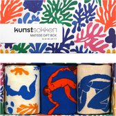 Geschenkdoos met een felgekleurd abstract bladerpatroon. De doos bevat drie paar sokken: twee met een blauw-wit patroon, één met oranje dansende figuren op blauw.