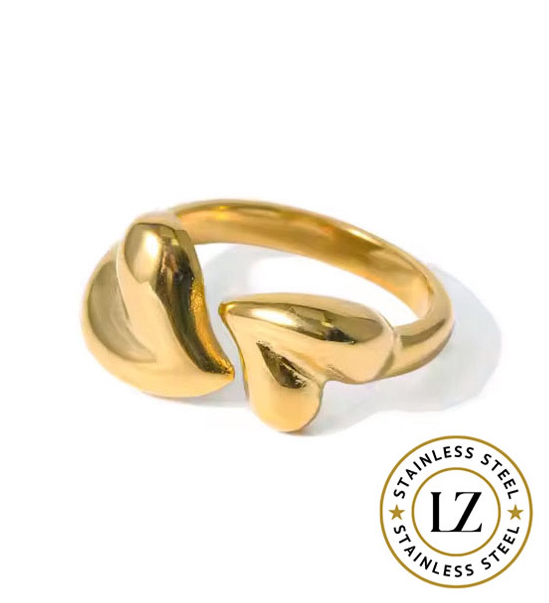 LOUIZ Ring hartjes goud - Cadeautje vrouw - Dames Ringen - Stainless Steel ring met 2 hartjes goudkleurig - Hypoallergeen en waterproof
