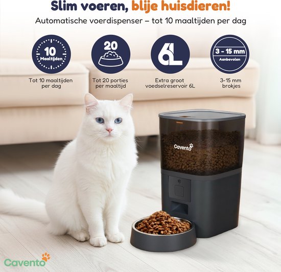 Cavento ® Automatische Voerbak 6L – Voerautomaat Kat & Hond met App-Besturing, Tot 10 Maaltijden per Dag, Luchtdichte Voerdispenser, Geschikt voor Droogvoer Brokken 3–15 mm, BPA-vrij – Zonder Camera - Cavento - €49,95