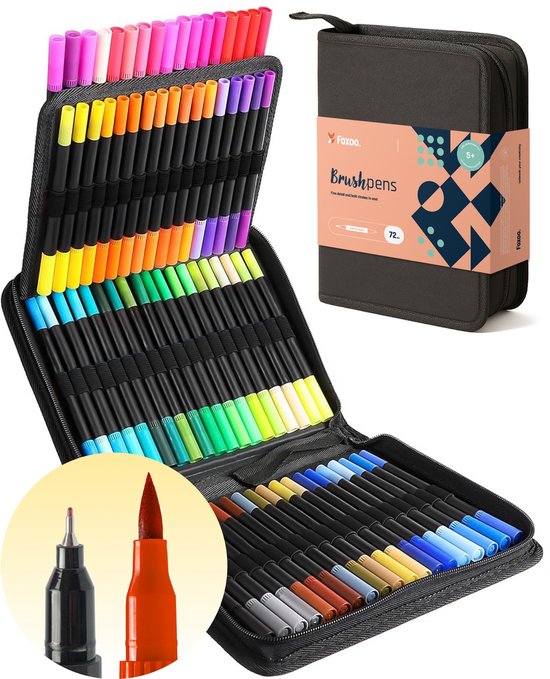 Brushpennen Dual Tip Twinmarkers Fineliners en Penseelstiften - Perfect voor Bullet Journaling, Handlettering en Aquarelkunst - 72-delige Set