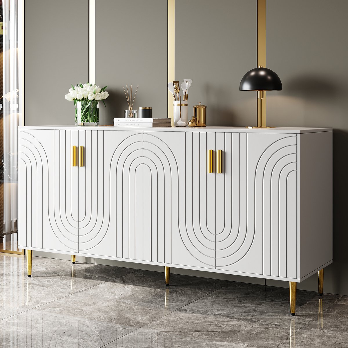 REDOM Sideboard 152x40x75 cm wit – luxe golvend front met gouden grepen en poten, ruim opbergmeubel voor eetkamer en woonkamer White