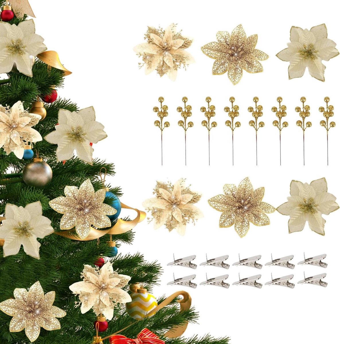 Provento - Kerstster bloemen en rode bessen stengels - Kerstbloemen voor kransen - DIY kerstdecoratie - Gouden glitter