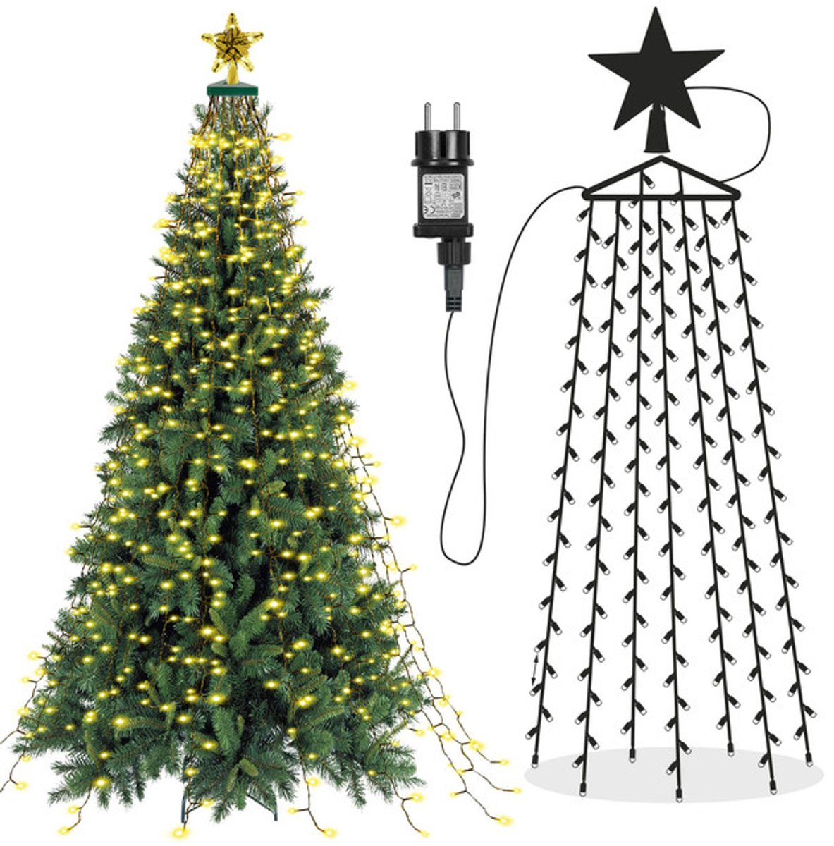 MUPOO Kerstboom Verlichting met Ring – LED Lichtketting & Lichtslinger Waterfall Warm Wit – 8 Modi met Timer – Met Ster Topper – IP44 Binnen & Buiten Kerstboomverlichting voor Boom & Raamdecoratie