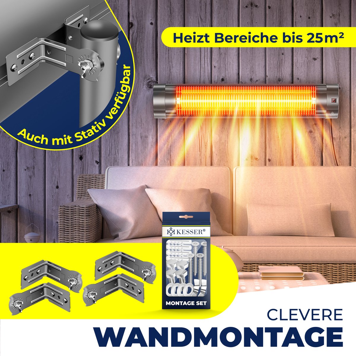 KESSER Terrasverwarmer Elektrisch 2500 W Wandmontage - Infrarood Heater voor Binnen en Buiten met 3 Warmtestanden - Antraciet – foto 6