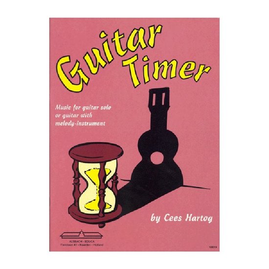 Boekomslag met de titel "Guitar Timer" en een illustratie van een zandloper en een gitaar.