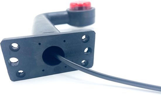 Zwarte 90-graden houder voor breedtelicht, met uitgang voor kabel aan de achterzijde.