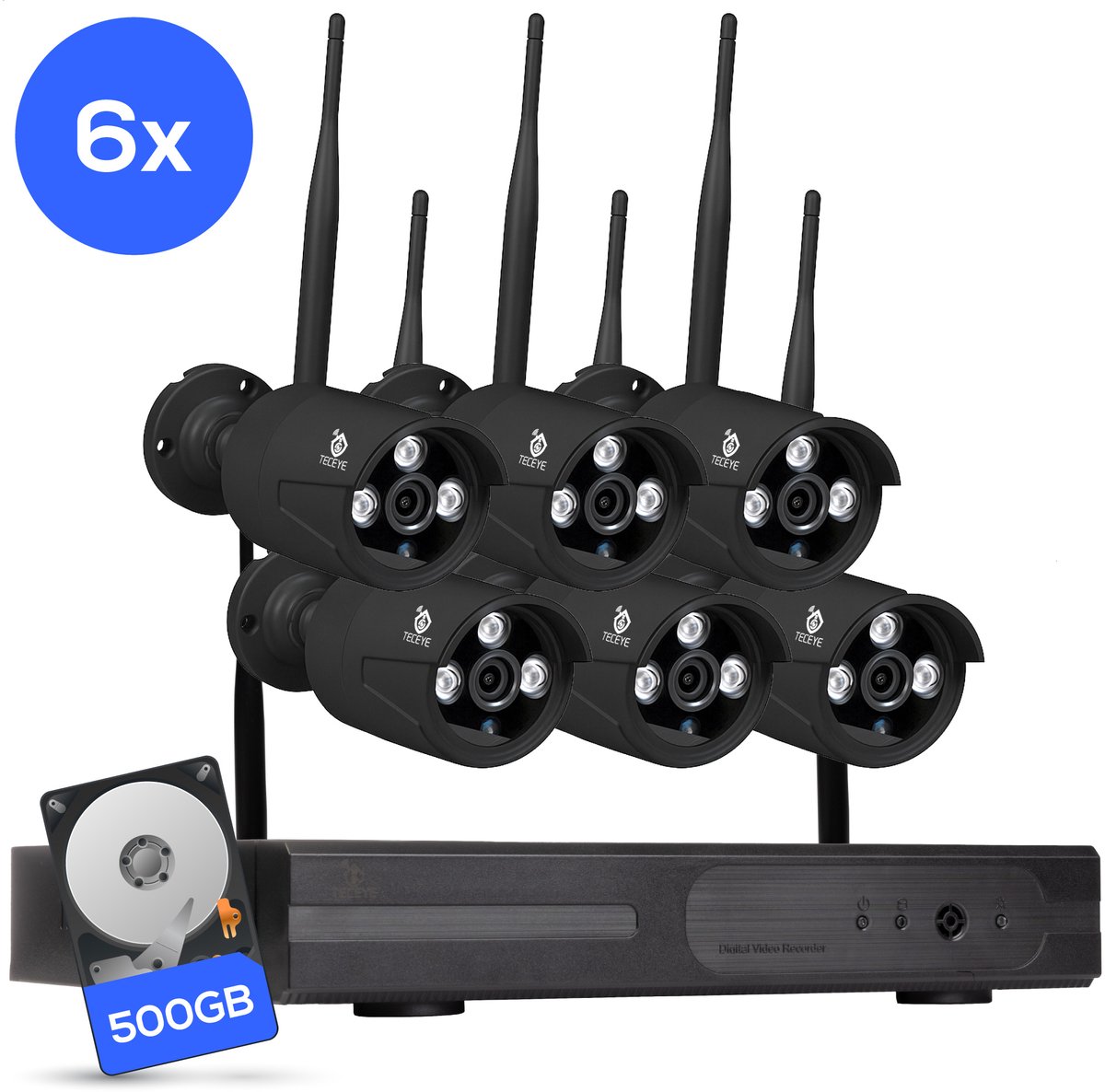 Teceye Bullet Beveiligingscamera Buiten met Recorder - Draadloze Buitencamera - 6 Camera - 500GB Opslag