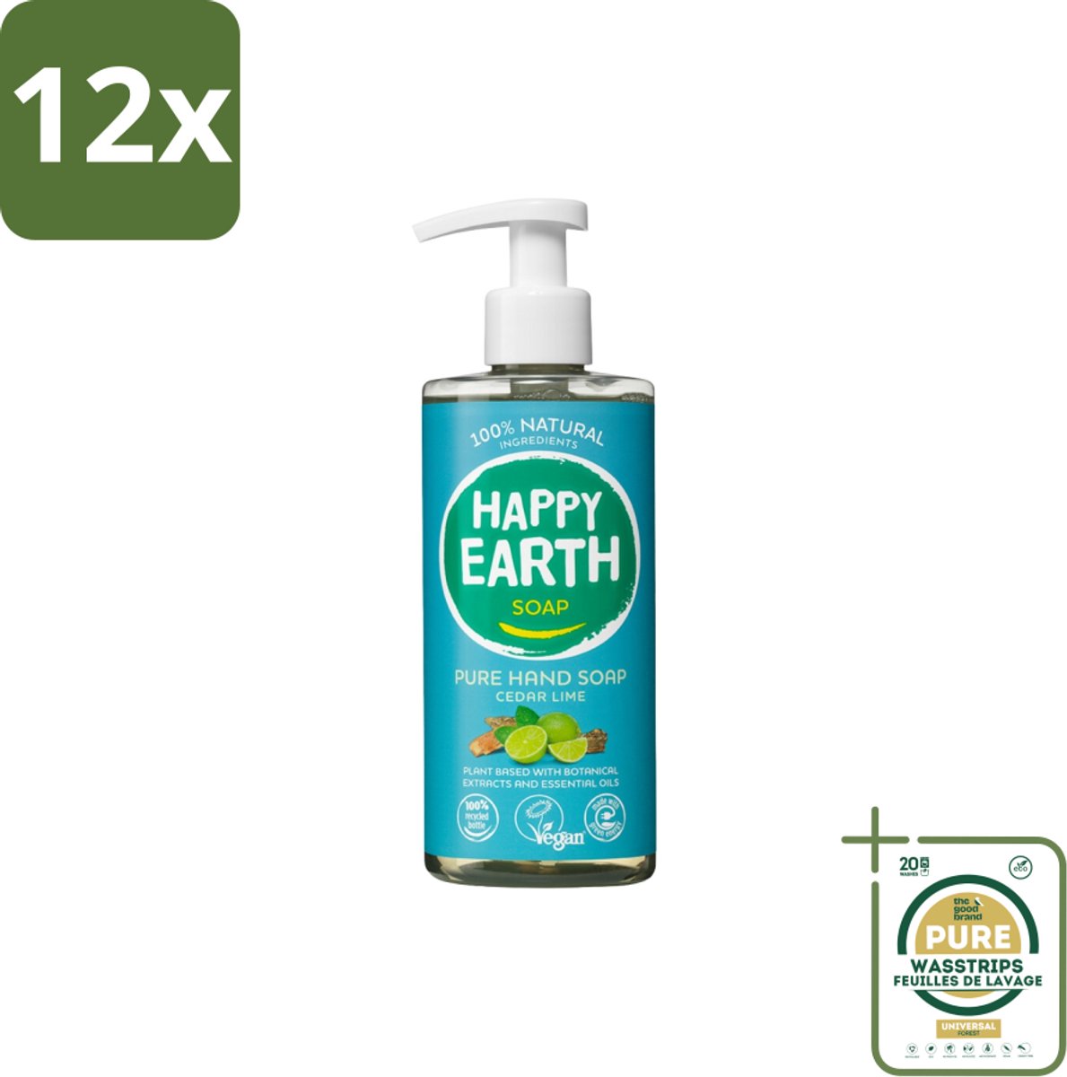 Happy Earth – Handzeep – 100% Natuurlijk Cedar Lime – 300 ml - Voordeelverpakking - 12 stuks - Ceder en limoen - Handzeep met essentiële oliën