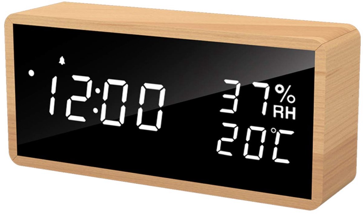 Ynkkvre - Houten digitale klok, multifunctionele LED-wekker met tijd-/datum-/temperatuurweergave en spraakbediening voor thuis, kantoor en reizen