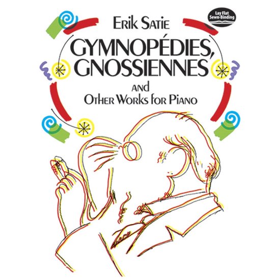 Livre 'Erik Satie Gymnopédies, Gnossiennes and Other Works for Piano'. Esquisse couchée d'un homme portant des lunettes.