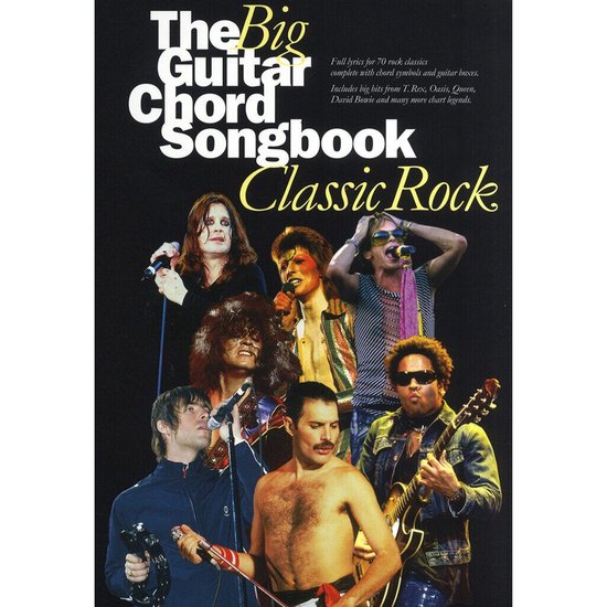 Boek 'The Big Guitar Chord Songbook Classic Rock' met foto's van beroemde rockartiesten.