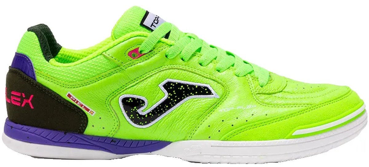 Joma Top Flex zaalvoetbalschoenen in felgroen met zwarte en paarse accenten, maat EU 40 voor mannen.