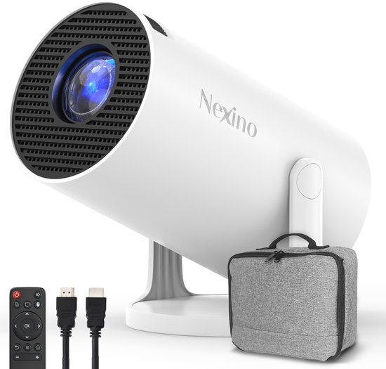 Nexino® Smart Mini Beamer Pro 2025 - Projector met Netflix, YouTube & Disney+ - 4K-ondersteuning - Home Cinema - Android 14.0 - Wifi & Bluetooth - Incl. Opbergtas