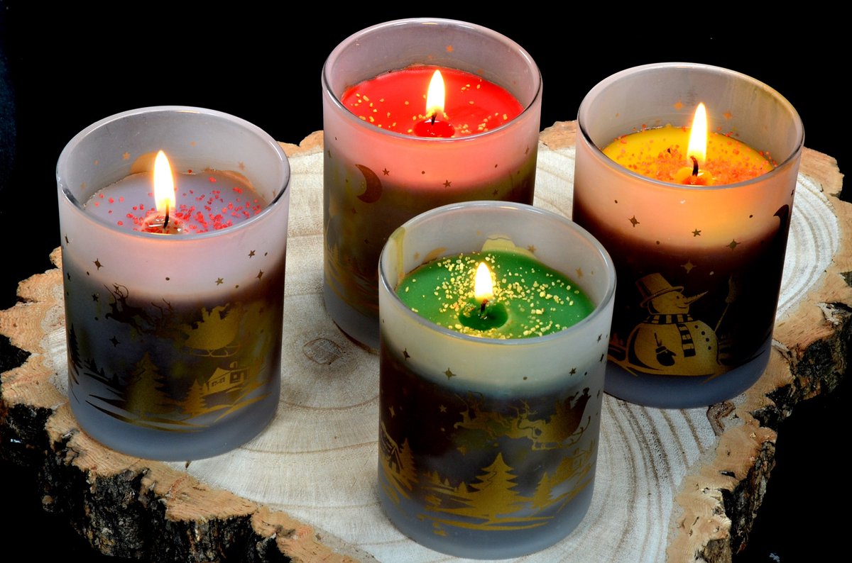 Candles by Milanne, Kerst-Sneeuwpop Kaarsen set in glas - Set van 4 stuks =BEKIJK VIDEO – foto 5
