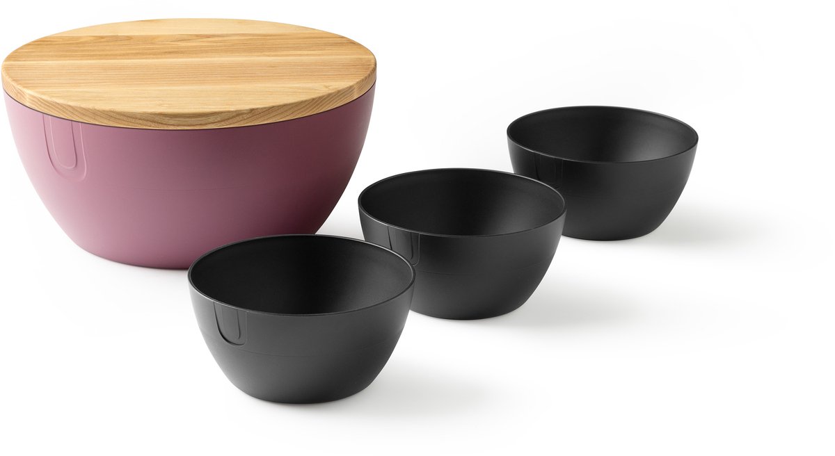 UBITE set – bio-based saladeschaal mineraal paars (XL - Ø 27) inclusief deksel/snijplank + set van 3 bio-based bowls umber zwart (S - Ø 13) - saladeschaal/saladekom/kom/schaal/bakje/duurzaam