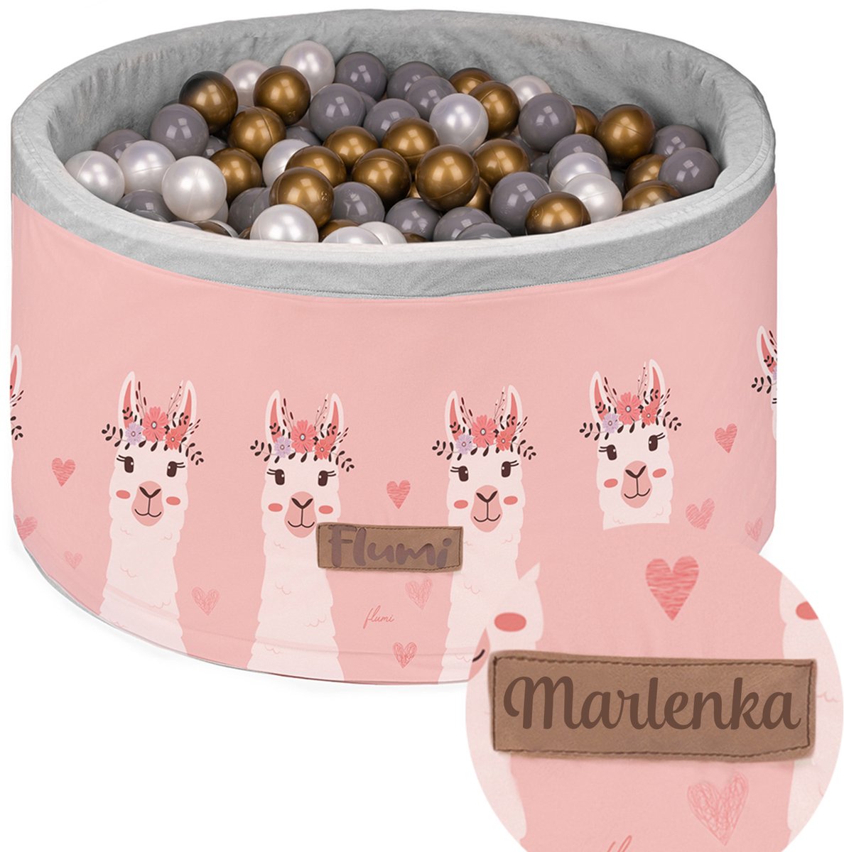 Ballenbak voor baby’s en peuters, gepersonaliseerd rond 90x40 cm – Schuimen ballenbad met 200 gekleurde ballen Ø7 cm – Sensorisch speelgoed – Goud, donkergrijs, parelmoer – Lama-motief