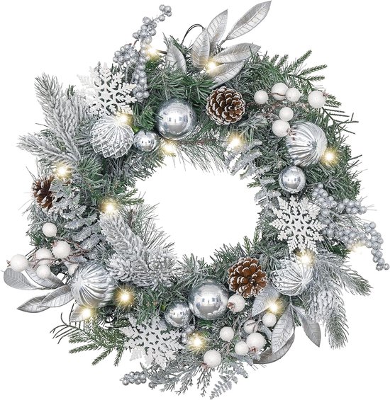 Kerstkrans van 40 cm, decoratie voor voordeur met led-verlichting en hanger, nep-krans voor aan