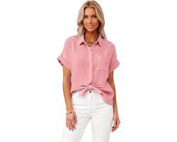 Linnen Overhemd Roze - Dames - Korte Mouwen - Fashion - Blouse - Maat L