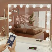 OMNIEXA Hollywood Spiegel – 58×46cm - Bluetooth speaker - 3 lichtkleuren - Dimbaar – Met Muziek – 10× detailspiegel – Wand & tafel – Wit - 15 lampen