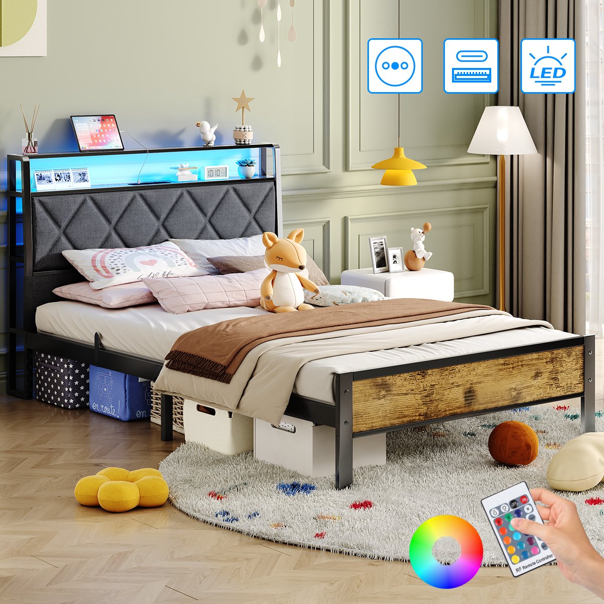Mihtrov Eenpersoonsbed 90x200 cm - Heavy Duty Metalen Bedframe - Jongerenbed - Jeugdbed - Met LED Verlichting - Stopcontacten - USB Poorten - Type C - Hoofdbord met Opbergruimte - Donkergrijs Linnen Zwart