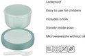 Boîte de conservation vert pâle avec couvercle turquoise et une mini-fourchette blanche. Sans BPA, micro-ondable et lavable au lave-vaisselle.
