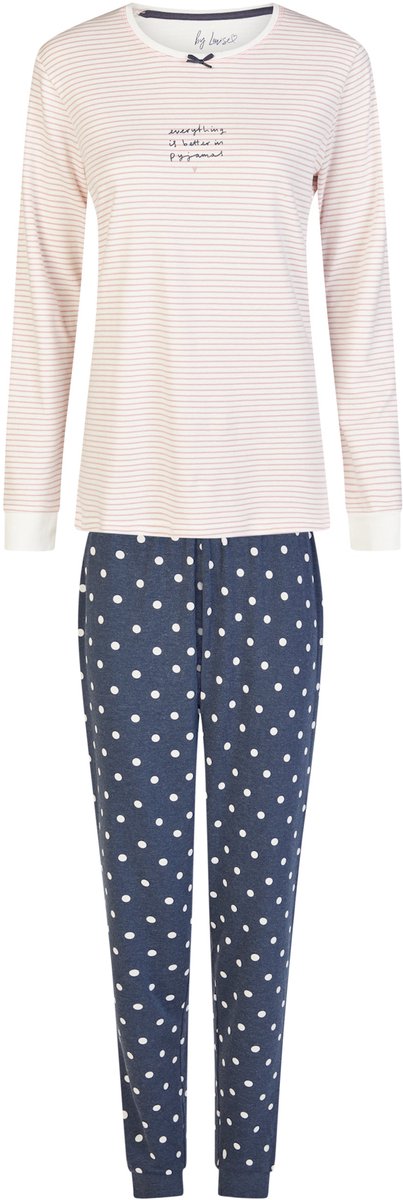 By Louise Dames Winter Pyjama Set Lang Interlock Wit/Blauw Gestreept/Gestipt