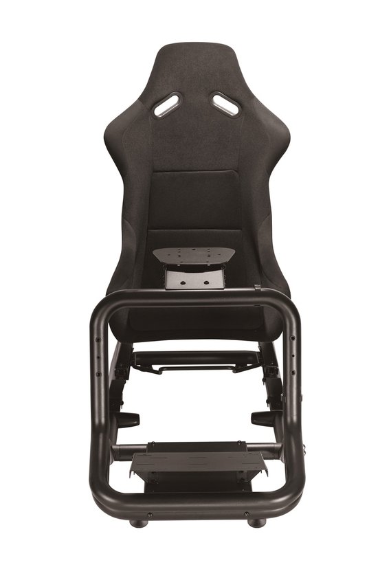 Zwarte racestoel met een stevig zwart metalen frame, van voren gezien.