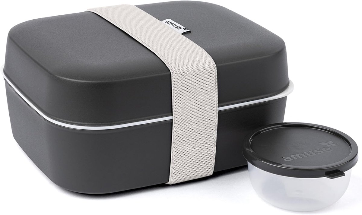 Amuse Bento Lunchbox 3-in-1 Charcoal - Brooddoos met elastiek en lekvrij sauspotje - Broodtrommel - BPA-vrij - Zwart - 900ml + 600ml + 85ml