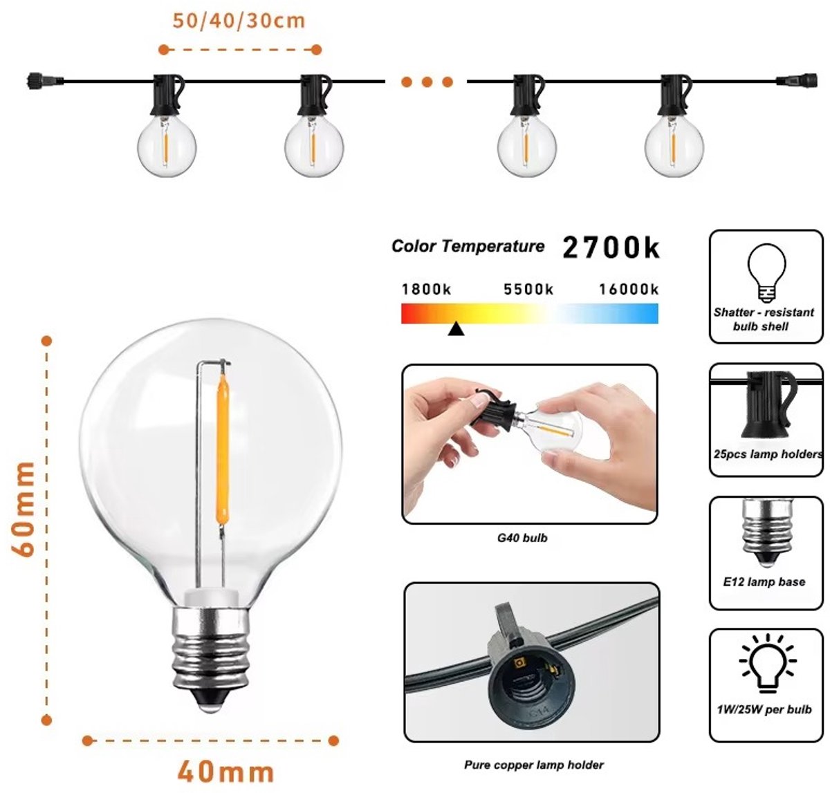 Lynexa G40 - Lichtsnoer Buiten - 30m - 50 LED Warm Wit 2700K - Kerstverlichting voor Buiten - IP44 Waterdicht - Energiezuinig - Koppelbaar - Dimbaar met Afstandsbediening - Sfeervolle Winter Prikkabel - Tuinverlichting - 4 Extra Lampjes – foto 7