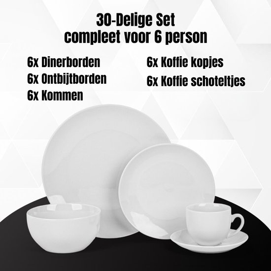 Bayt Kitchen Serviesset - Servies 6 Persoons - Servies - Bordenset - Serviesset 30 delig - Kommen- Schaaltjes - Porselein - Wit — afbeelding 2