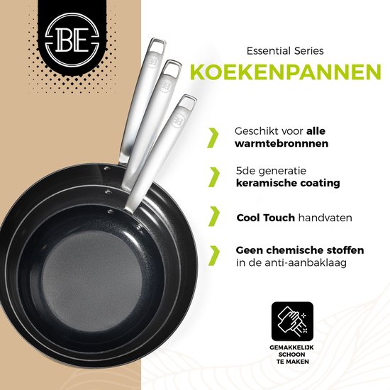 Drie koekenpannen met RVS handvatten, de bovenste pannen liggen deels in de onderste. "Essential Series KOEKENPANNEN" staat linksboven.