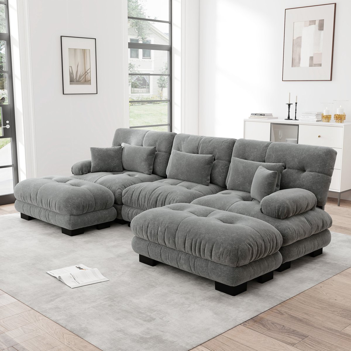 REDOM Modulaire U-Vorm Bank 3-Zits - Diepe Zit met Losse Ottomans & Cloud-Kussens - Ronde