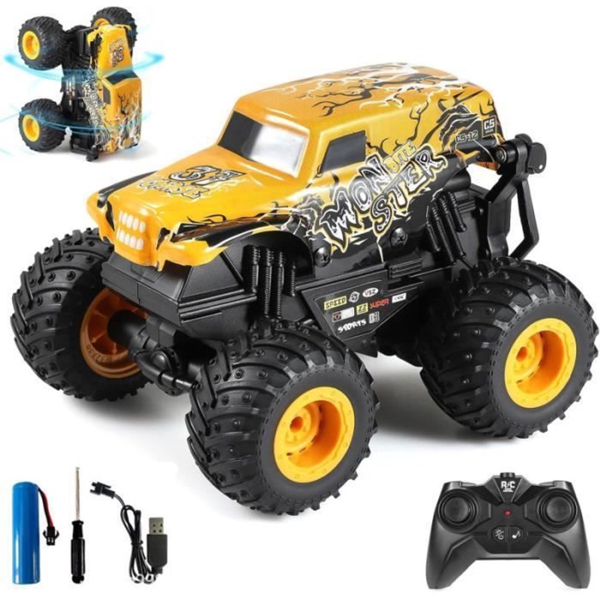 Sogiol® Bestuurbare Auto - RC Auto 360° draaiende- Monstertruck met lampjes en geluid- 20 km/u Muziek en Licht Stunt Auto - 1:20 - 2.4GHz -Geel