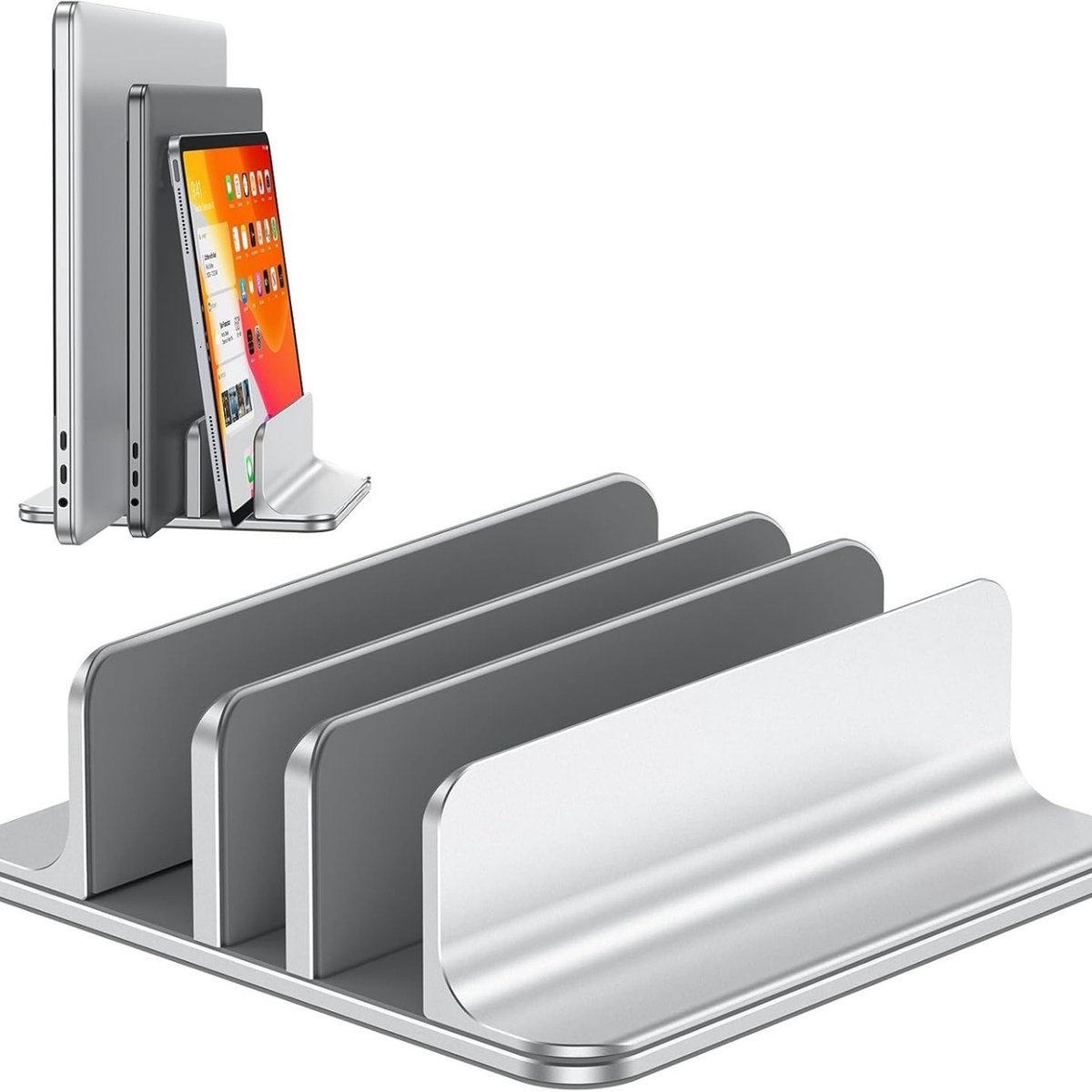 Famanu – Verticale Laptopstandaard - Desktop Aluminium Standaard voor MacBook met Aanpasbare Dockmaat - Geschikt voor MacBook - Laptops (Tot 17.3 Inch) - Zilver