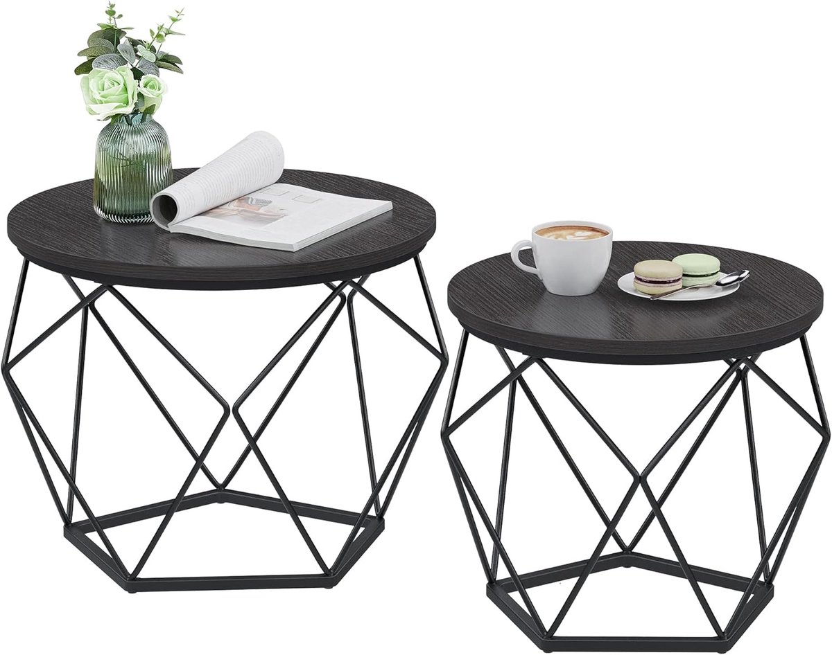 FurnStar Ronde Salontafels Set van 2 – Bijzettafels – Modern Design – Afneembaar Tafelblad – Stalen Frame – Zwart
