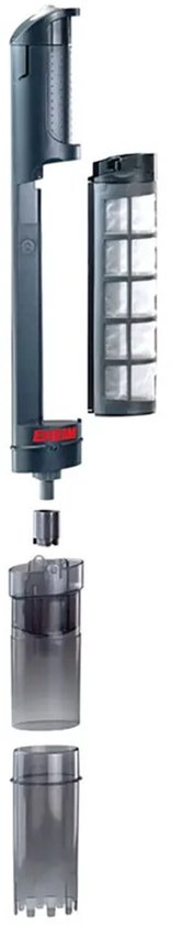 De Eheim Quick Vac Pro aquariumstofzuiger uit elkaar gehaald in 3 onderdelen: een donkergrijze steel met filter, een opvangbak en een opzetstuk.