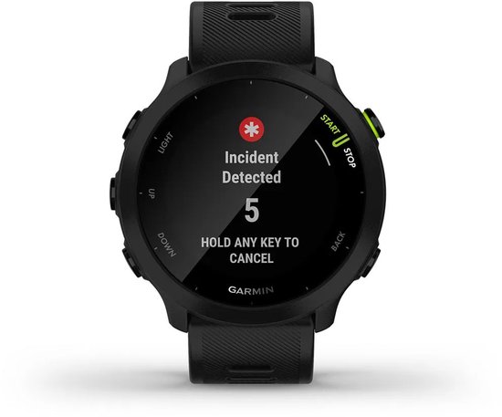 Zwart Garmin Forerunner 55 sporthorloge met scherm waarop 'Incident Detected' en 'HOLD ANY KEY TO CANCEL' staat.