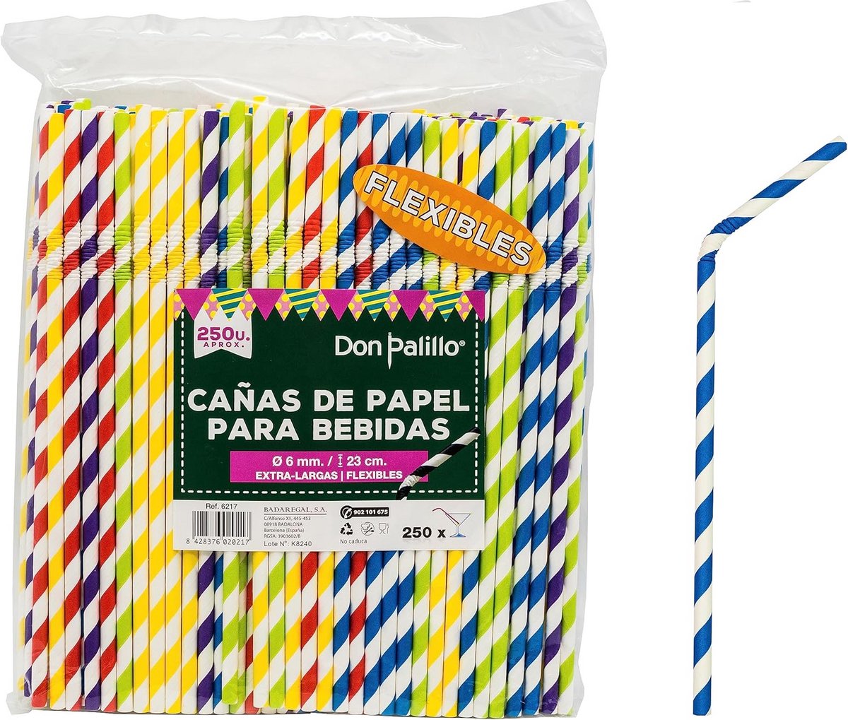 Gestreepte papieren rietjes - 250 stuks, 23 cm, biologisch afbreekbaar voor feestjes