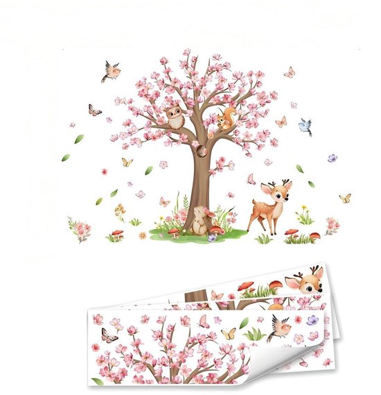 Sticker mural avec fleurs de cerisier roses - grand sticker mural avec animaux de la forêt - décoration murale avec renard et cerf - chambre d'enfant - chambre de bébé - salon