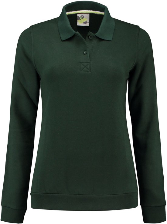 Donkergroene polo sweater voor dames met lange mouwen, kraag en knoopjes.