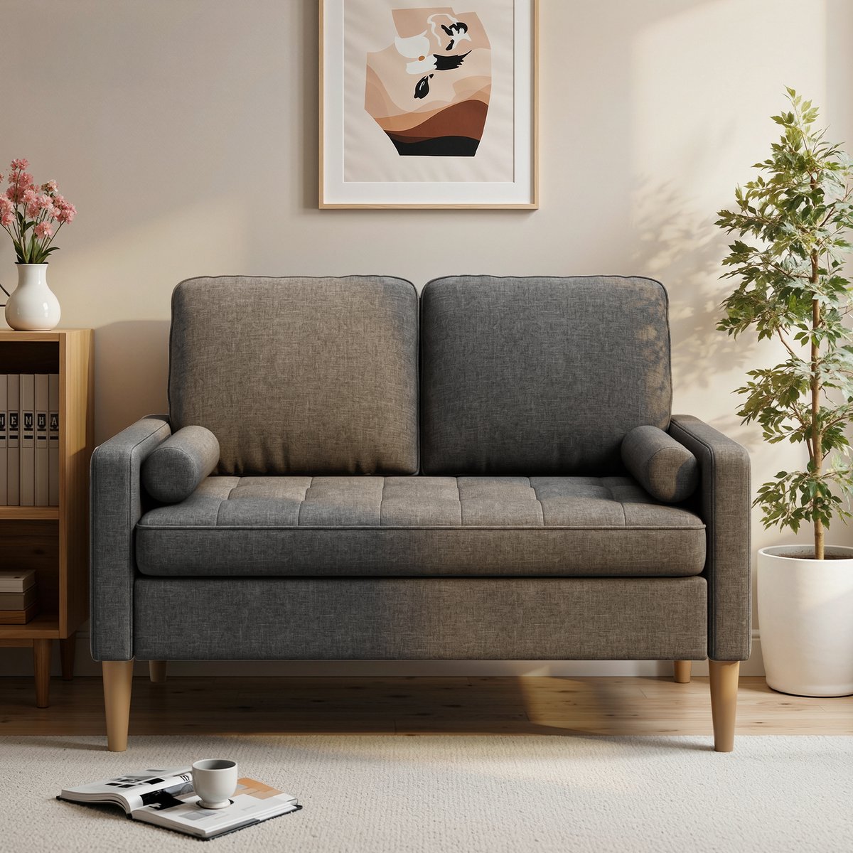 Bealife AR38 Comfortabele 2-Zitsbank - Met ademende linnen stof en hoogveerkrachtig schuim - Geschikt voor woonkamer en slaapkamer - Donkergrijs