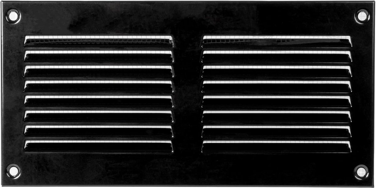 Stalen Ventilatierooster met Insectenbescherming - Ideaal voor HVAC en Muurbevestiging (20 x 10 cm, Zwart)