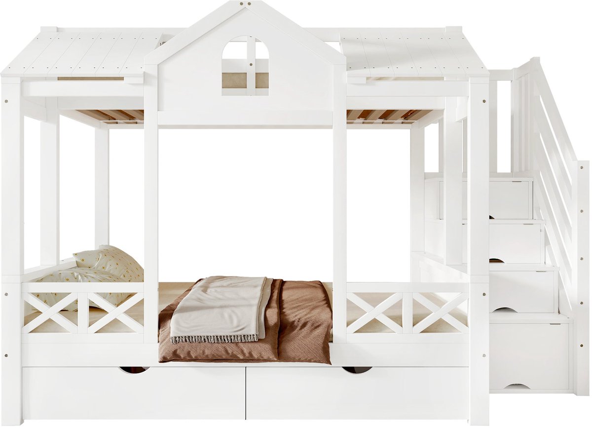 Merax Stapelbed Huisvorm 90x200 en 140x200 – Kinderbed met 4 Opbergvakken en 2 Lades – Massief Hout – Inclusief Lattenbodem – Wit