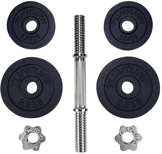 Zwarte gietijzeren halterplaten van 1,25kg en 2,5kg met een zilverkleurige halterstang en sterbouten.
